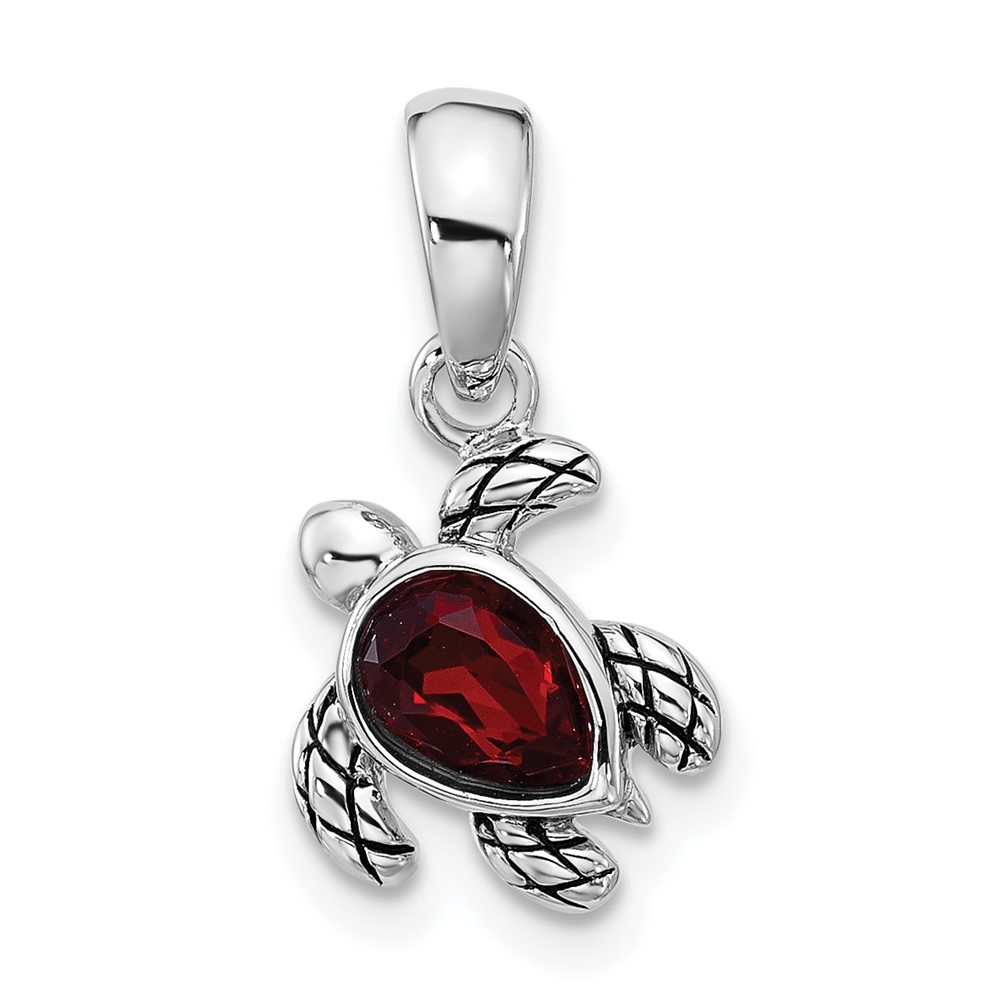 QP5920JAN.jpg Sterling Silver Rhodium-plated Polished and Antiqued Crystal January Birthstone Turtle Pendant - Image 1
