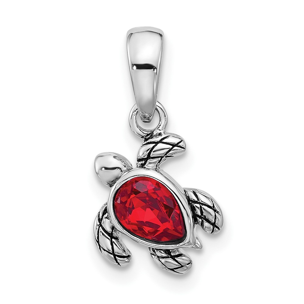 QP5920JUL.jpg Sterling Silver Rhodium-plated Polished and Antiqued Crystal July Birthstone Turtle Pendant - Image 1