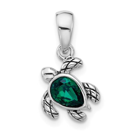 Sterling Silver Rhodium-plated Polished and Antiqued Crystal May Birthstone Turtle Pendant