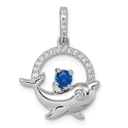 Sterling Silver Rhodium-plated Round Blue and White CZ Dolphin in Circle Pendant