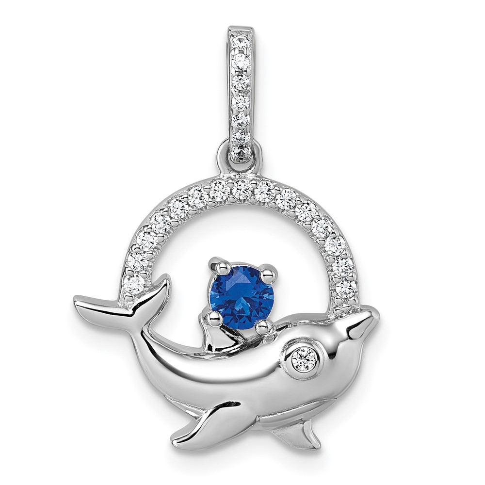 QP5925.jpg Sterling Silver Rhodium-plated Round Blue and White CZ Dolphin in Circle Pendant - Image 1