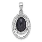 Sterling Silver Rhodium-plated Polished and Beaded Faceted Black Onyx Oval Pendant - Image 3