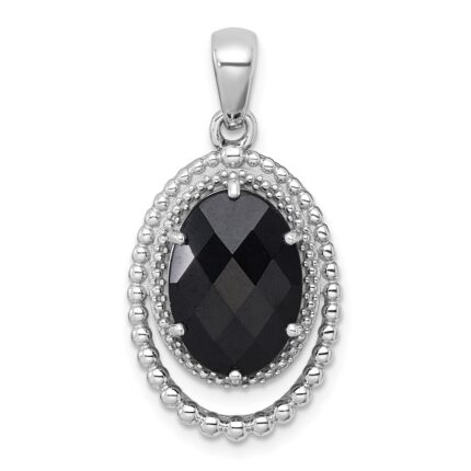 Sterling Silver Rhodium-plated Polished and Beaded Faceted Black Onyx Oval Pendant