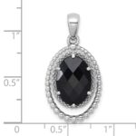 Sterling Silver Rhodium-plated Polished and Beaded Faceted Black Onyx Oval Pendant - Image 4