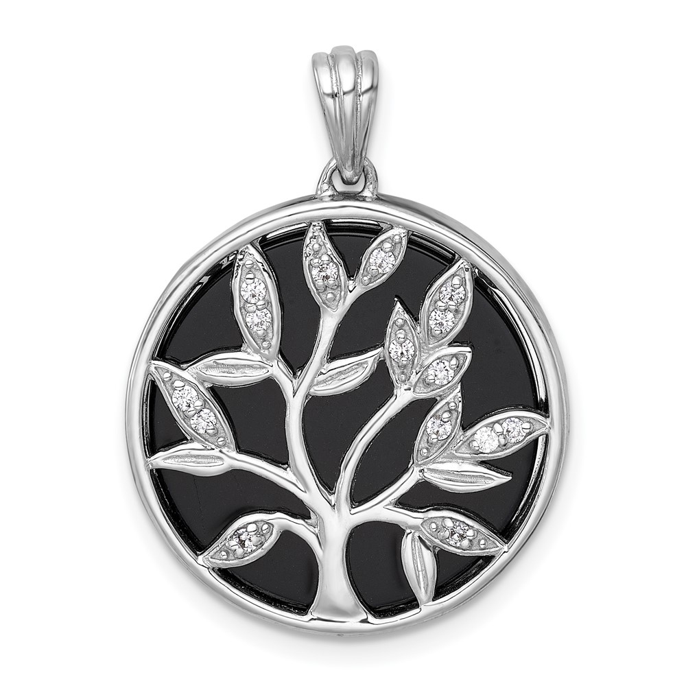 QP5944.jpg Sterling Silver Rhodium-plated Polished Onyx Circle and CZ Tree of Life Pendant - Image 1
