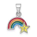 Sterling Silver Rhodium-plated Children's Multicolor Enamel Rainbow with Star Pendant