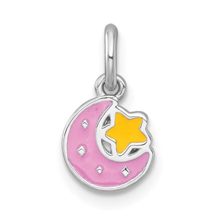 Sterling Silver Rhodium-plated Polished Pink and Yellow Enamel Moon and Star Childrens Pendant