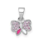 Sterling Silver Rhodium-plated Children's Pink CZ with Pink and White Enamel Bow Pendant