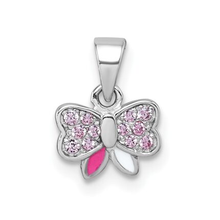 Sterling Silver Rhodium-plated Children's Pink CZ with Pink and White Enamel Bow Pendant