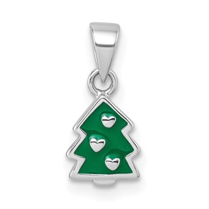 Sterling Silver Rhodium-plated Children's Green Enamel Christmas Tree with Hearts Pendant