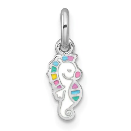 Sterling Silver Rhodium-plated Polished White and Rainbow Enamel Seahorse Childrens Pendant