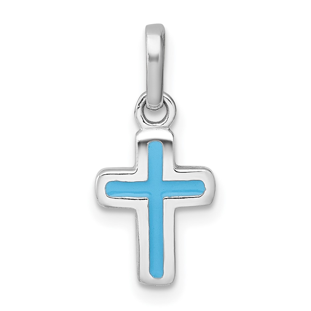 QP5988.jpg Sterling Silver Rhodium-plated Polished Blue Enamel Childrens Cross Charm Pendant - Image 1
