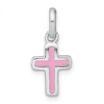Sterling Silver Rhodium-plated Polished Pink Enamel Childrens Cross Charm Pendant