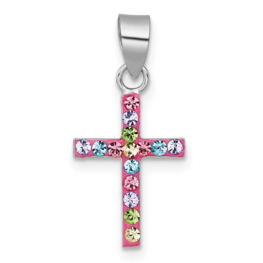 QP5990.jpg Sterling Silver Rhodium-plated Polished Pink/Blue/Green/Purple Crystal Childrens Cross Pendant - Image 1