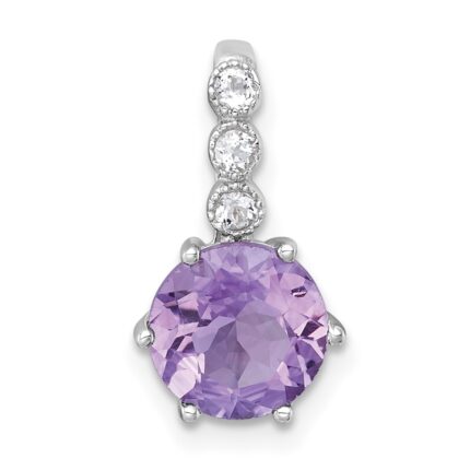 Sterling Silver Rhodium-plated Polished and Beaded Round Amethyst and White Topaz Chain Slide Pendant