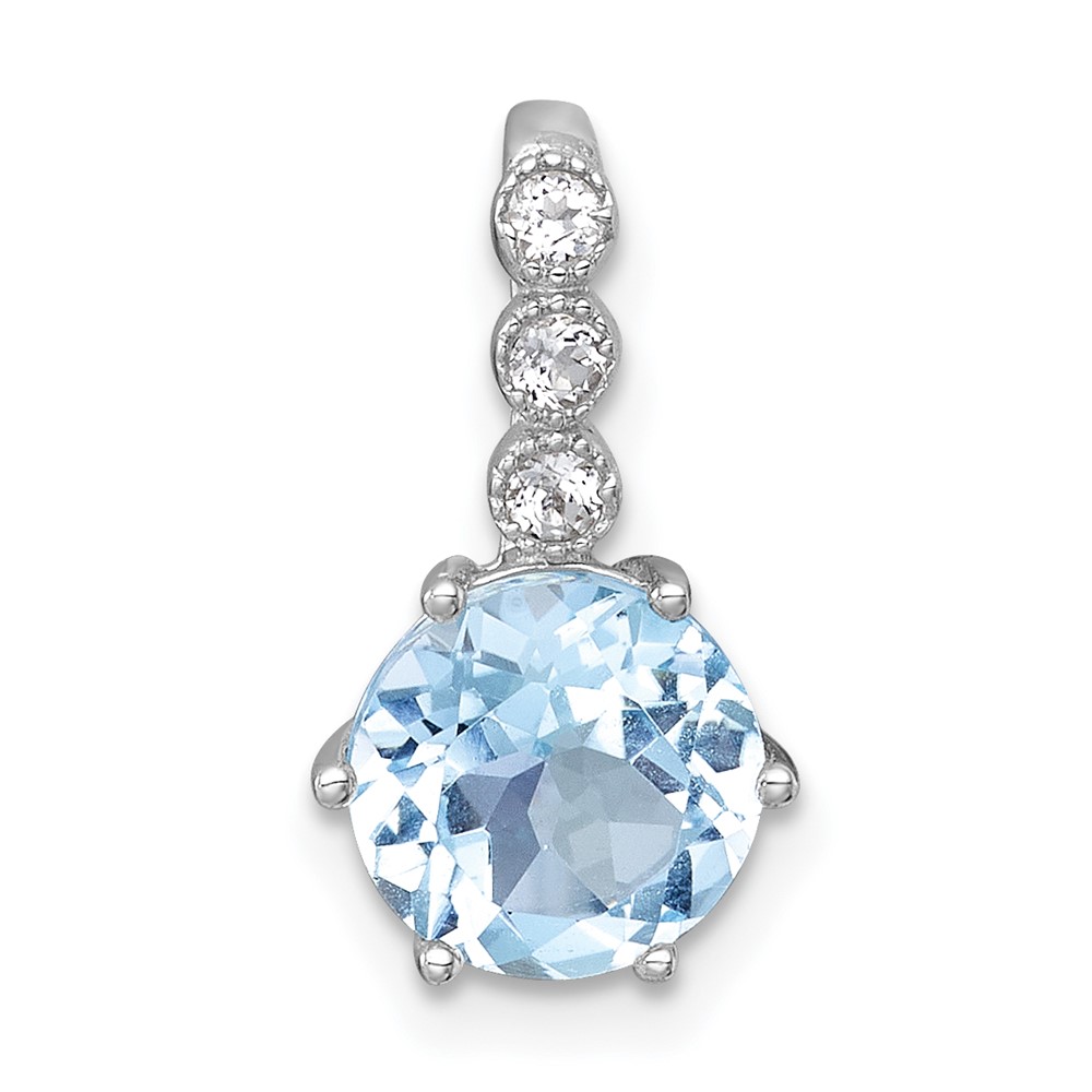 QP5993BT.jpg Sterling Silver Rhodium-plated Polished and Beaded Round Sky Blue and White Topaz Chain Slide Pendant - Image 1