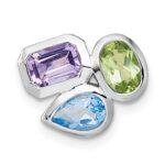 Sterling Silver Rhodium-plated Polished Pear Blue Topaz, Oval Peridot and Emerald-cut Amethyst Chain Slide Pendant