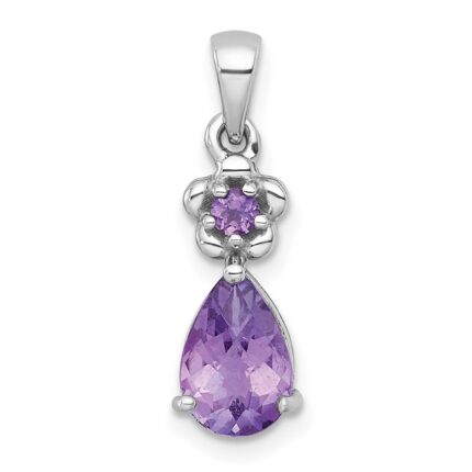 Sterling Silver Rhodium-plated Polished Amethyst Teardrop and Flower Pendant