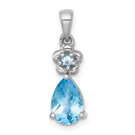 Sterling Silver Rhodium-plated Polished Light Swiss Blue Topaz Teardrop and Flower Pendant