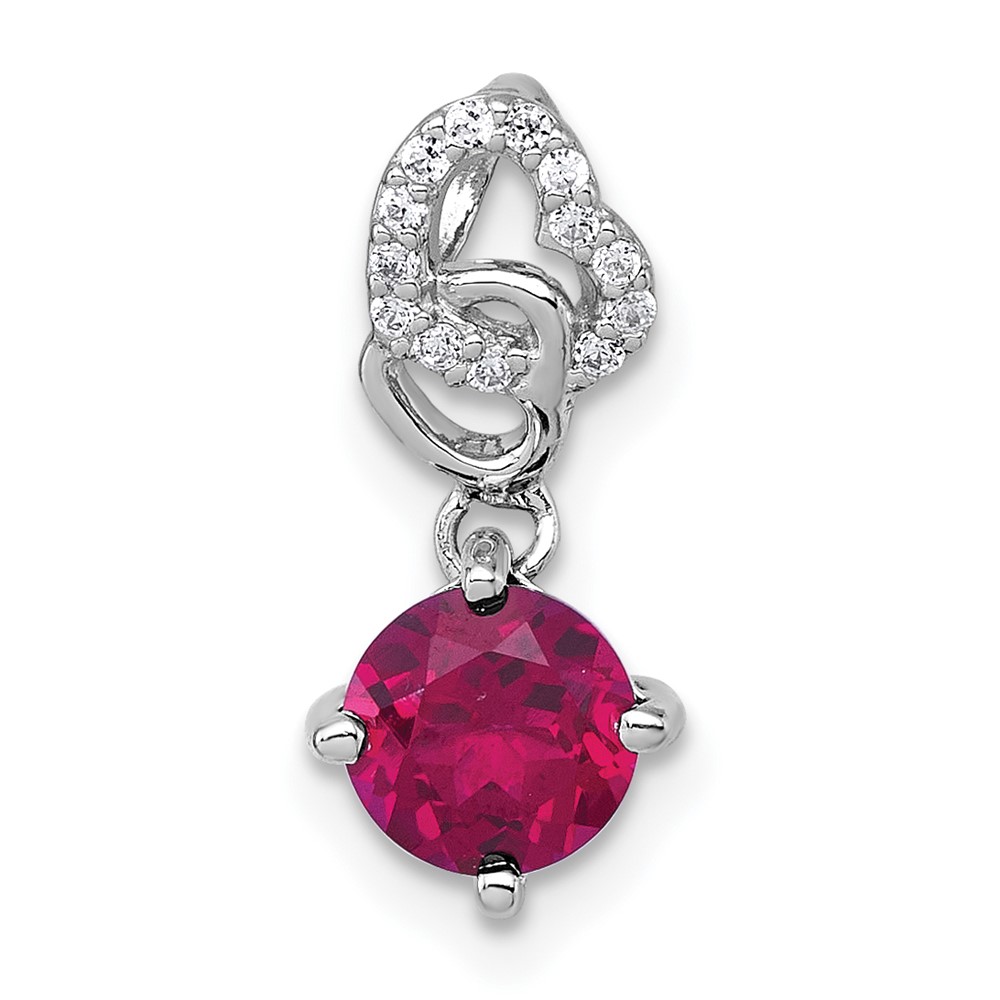 QP6005CRU.jpg Sterling Silver Rhodium-plated Polished Round Lab Created Ruby and CZ Dangling Heart Chain Slide Pendant - Image 1