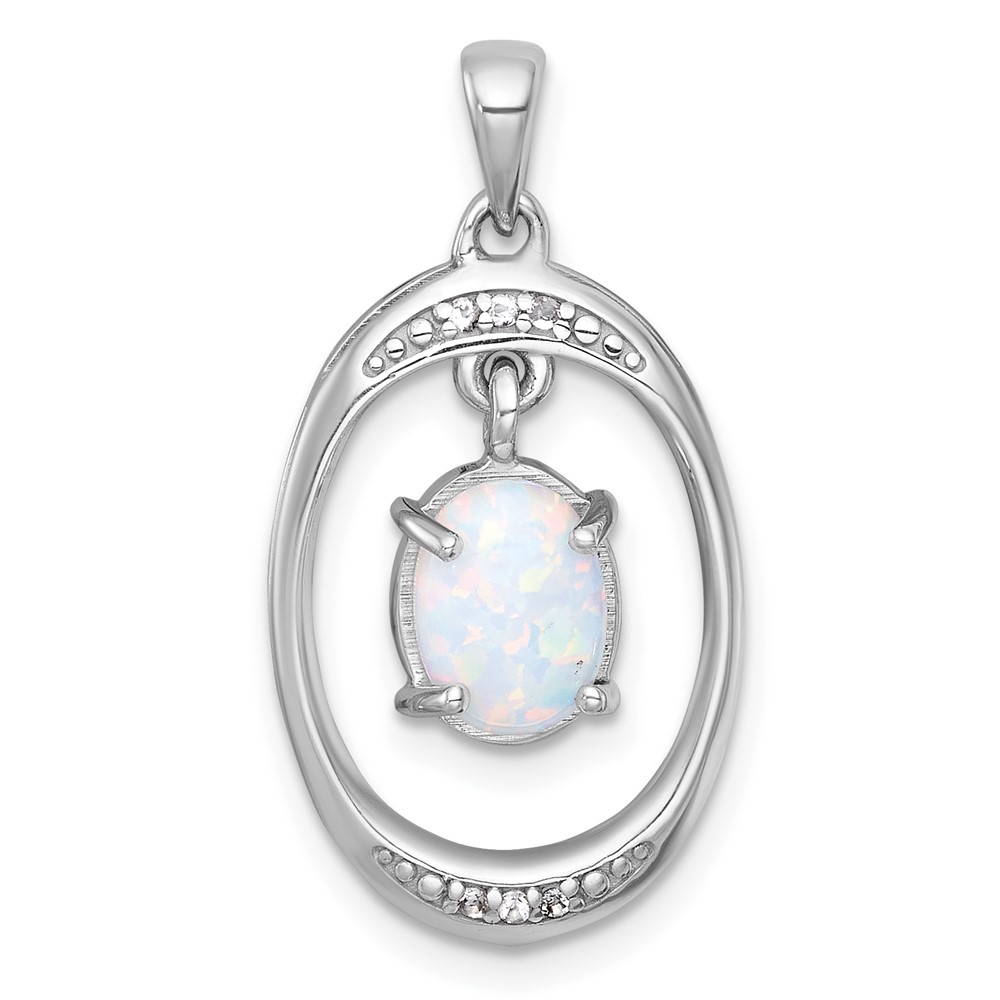 QP6008.jpg Sterling Silver Rhodium-plated Polished Fancy Lab Created Opal and White Topaz Oval Pendant - Image 1