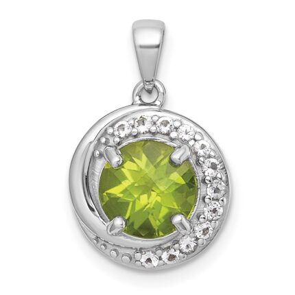 Sterling Silver Rhodium-plated Polished Checker-cut Round Peridot and White Topaz Circle Pendant