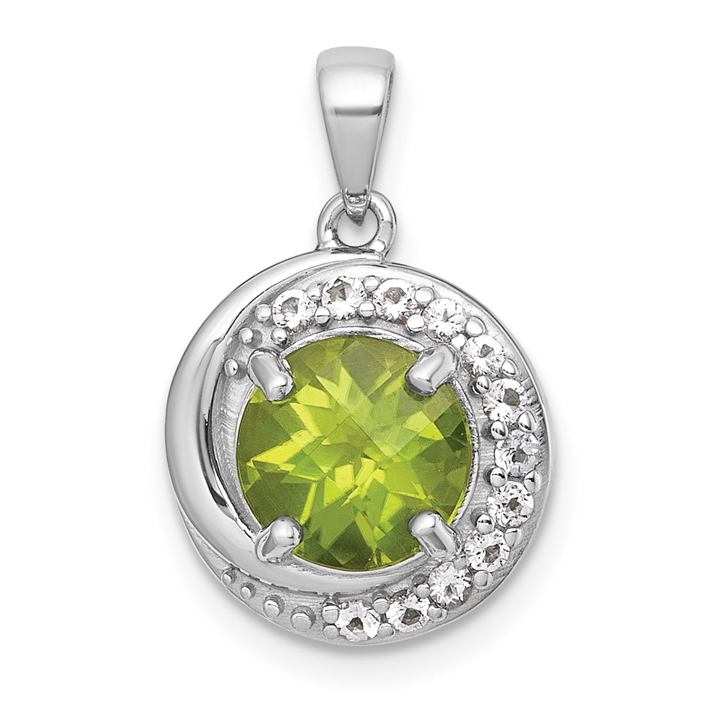 QP6009PE.jpg Sterling Silver Rhodium-plated Polished Checker-cut Round Peridot and White Topaz Circle Pendant - Image 1