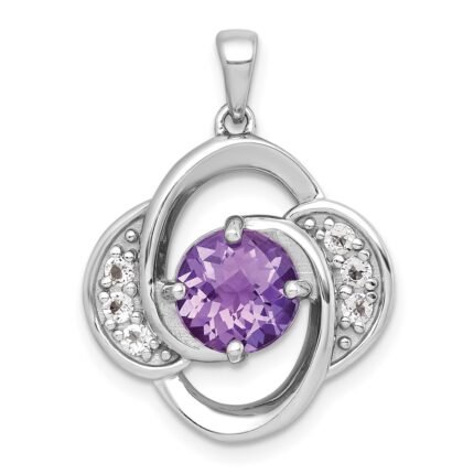 Sterling Silver Rhodium-plated Polished Checker-cut Round Amethyst and White Topaz Pendant