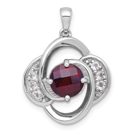 Sterling Silver Rhodium-plated Polished Checker-cut Round Garnet and White Topaz Pendant