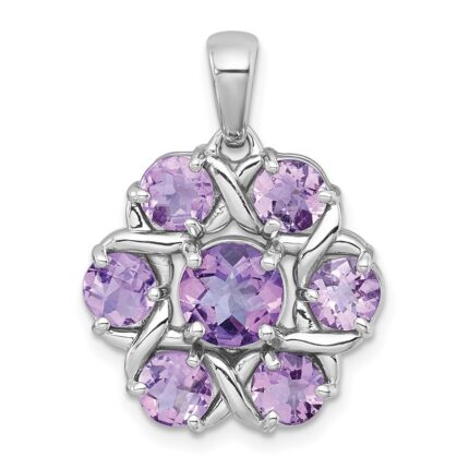 Sterling Silver Rhodium-plated Polished Amethyst and Rose de France Quartz Flower Pendant
