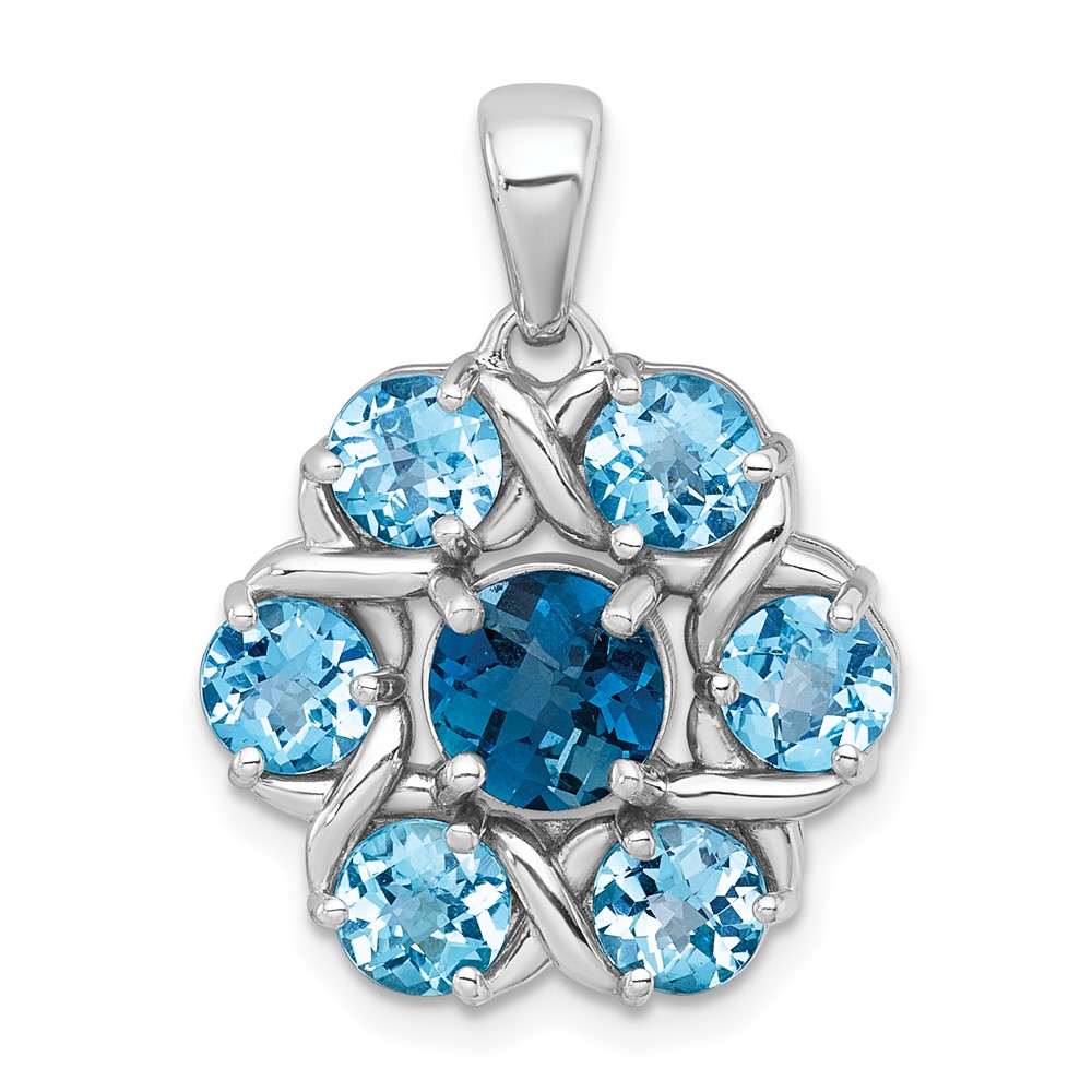 QP6012BT.jpg Sterling Silver Rhodium-plated Polished London Blue Topaz and Light Swiss Blue Topaz Flower Pendant - Image 1