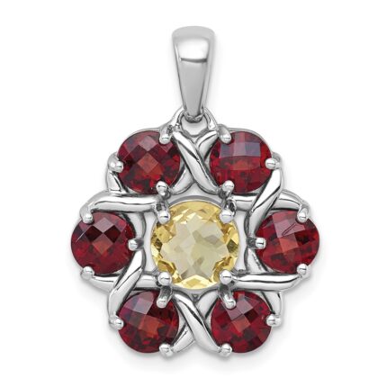 Sterling Silver Rhodium-plated Polished Citrine and Garnet Flower Pendant