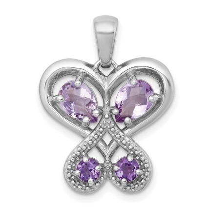 Sterling Silver Rhodium-plated Polished Amethyst and Rose de France Quartz Heart Butterfly Pendant