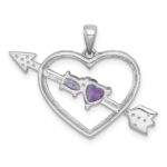 Sterling Silver Rhodium-plated Polished Amethyst and Rose de France Quartz Arrow Heart Pendant - Image 3