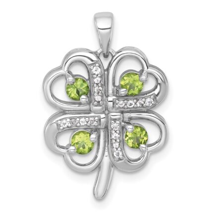Sterling Silver Rhodium-plated Polished Peridot and White Topaz 4-Leaf Clover Pendant