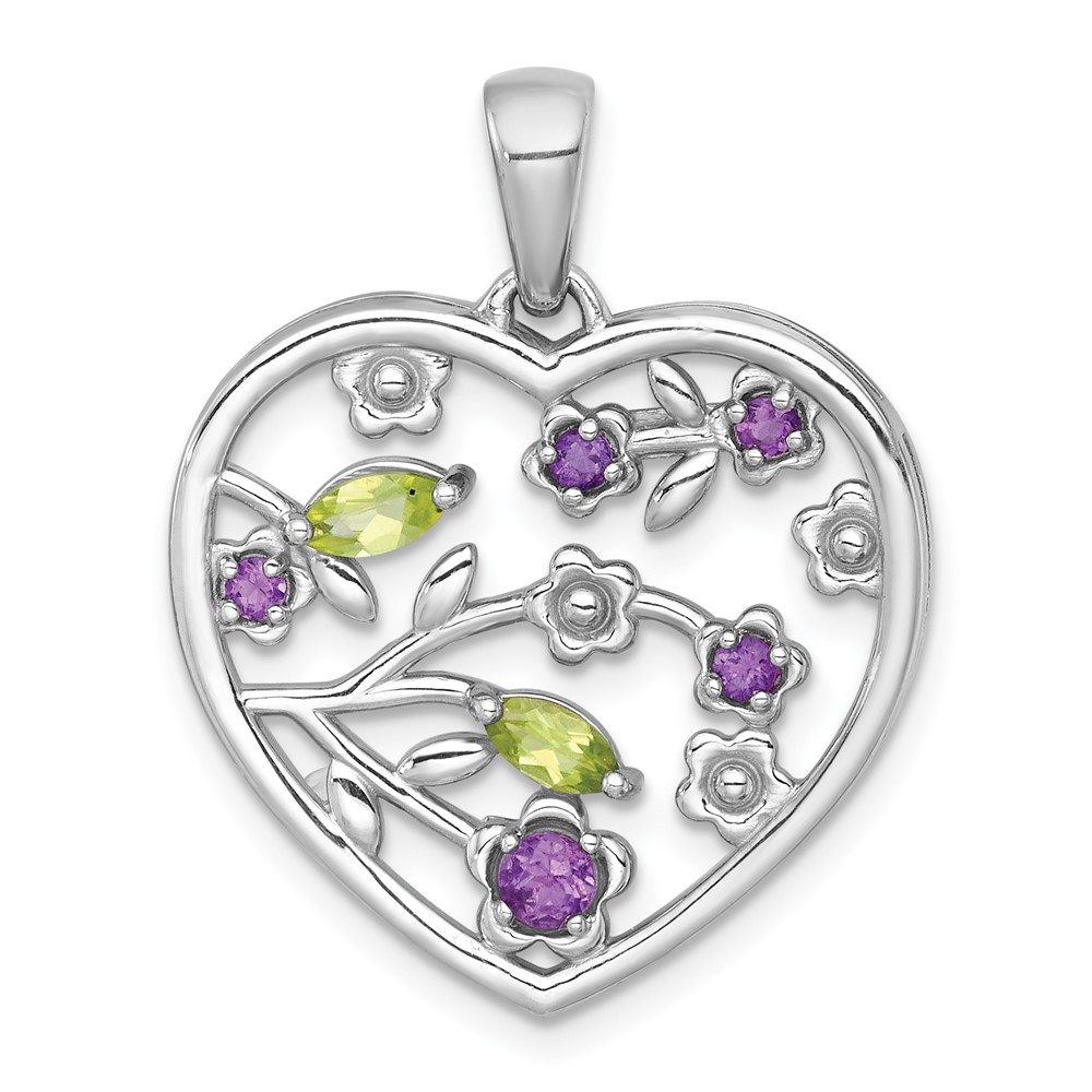QP6024AM_PE.jpg Sterling Silver Rhodium-plated Polished Amethyst and Peridot Flowers in Heart Pendant - Image 1