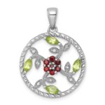 Sterling Silver Rhodium-plated Polished Garnet, Peridot and White Topaz Floral Twisted Circle Pendant