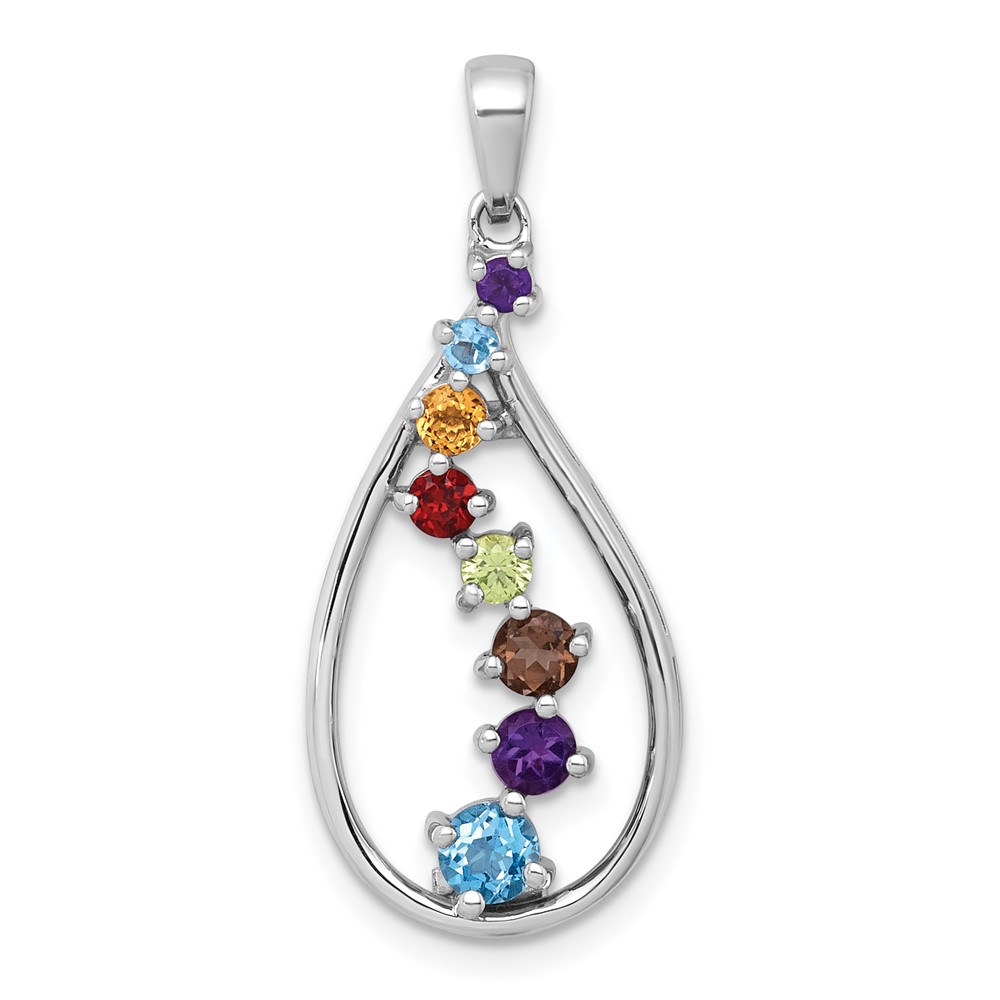 QP6028RB.jpg Sterling Silver Rhodium-plated Polished Fancy Multi Gemstone Teardrop Pendant - Image 1