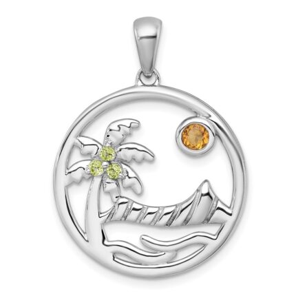 Sterling Silver Rhodium-plated Polished and Grooved Citrine and Peridot Beach Scene Circle Pendant