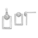 Sterling Silver RH-plated Micro Pave CZ Rectangle Earrings and Pendant Set