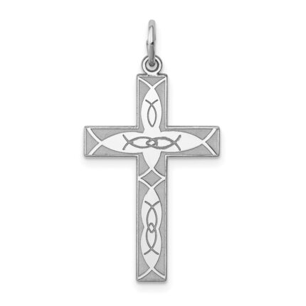 Sterling Silver Rhodium-plated Laser Designed Cross Pendant