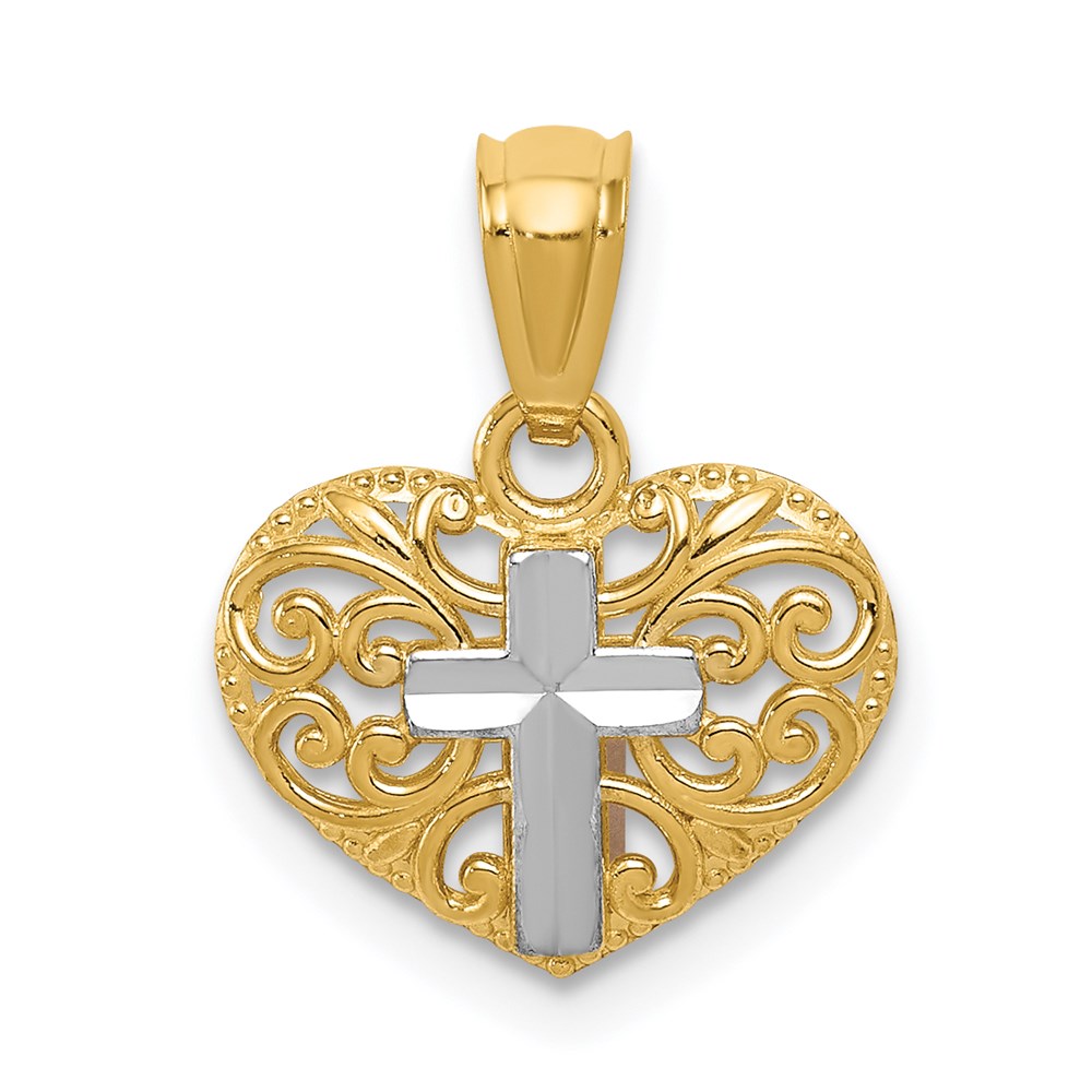 REL158.jpg 14k and White Rhodium Cross in Filigree Heart Pendant - Image 1