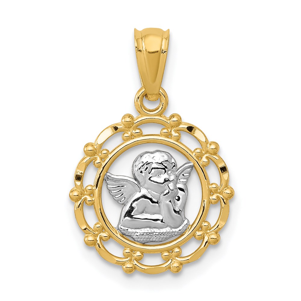 REL163.jpg 14k and White Rhodium Scalloped Frame Cherub Round Pendant - Image 1