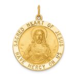14k Polished and Satin Large Solid Sacred Heart of Jesus Medal Round Pendant
