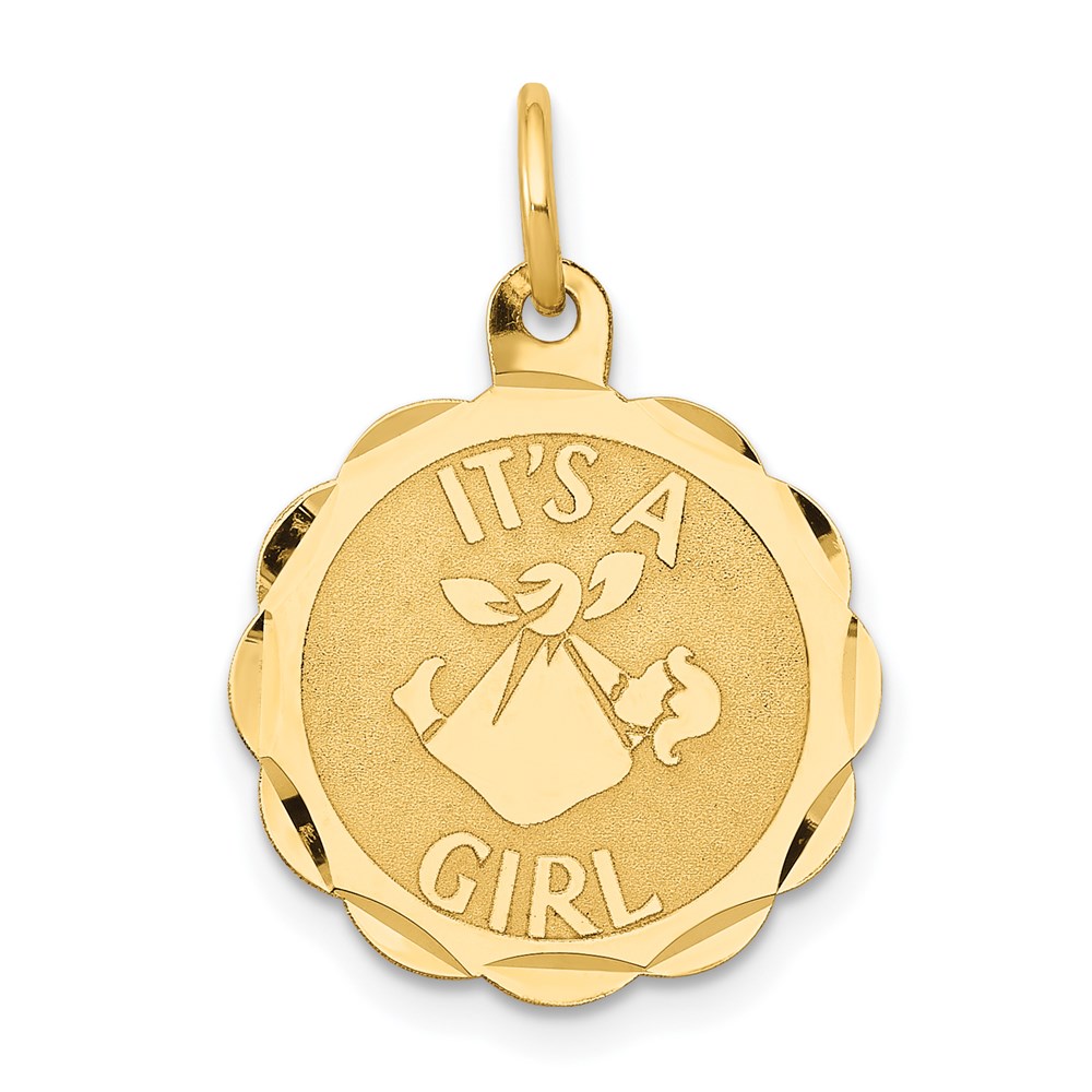 XAC7.jpg 14k Polished IT'S A GIRL Scalloped 16mm Engravable Disc Charm - Image 1