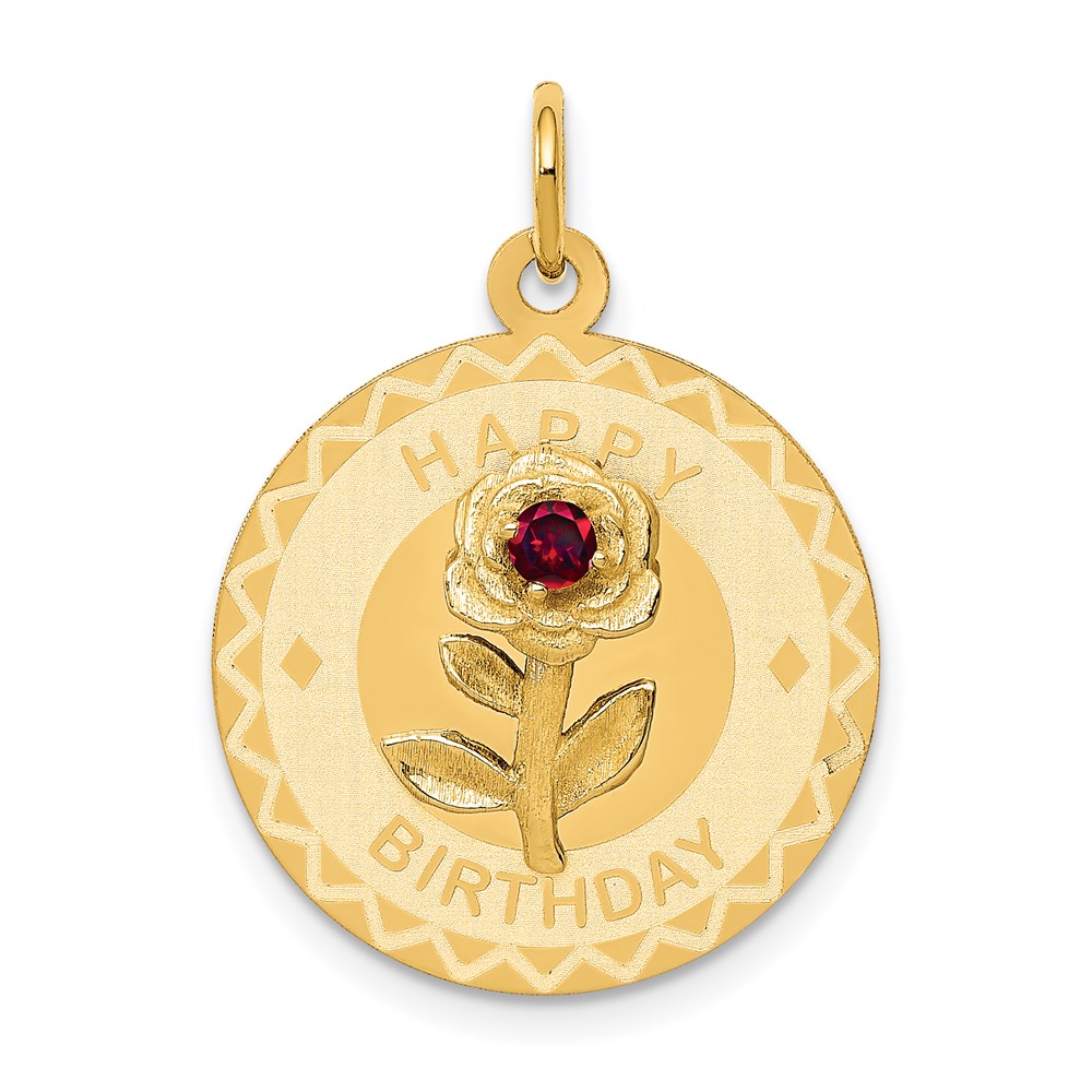 XAC760.jpg 14k HAPPY BIRTHDAY with Red CZ Flower 19mm Engravable Disc Charm - Image 1