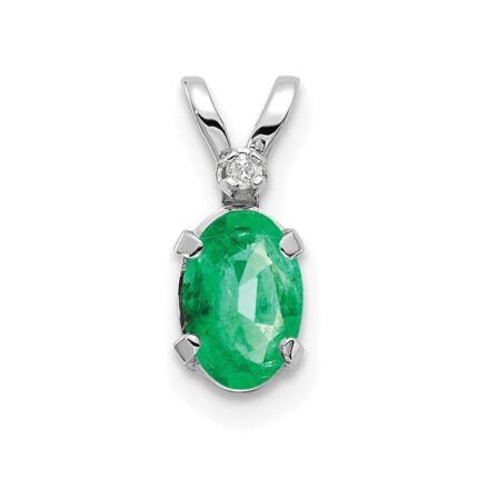 14K White Gold Diamond and 6x4 Oval May/Emerald Birthstone Pendant