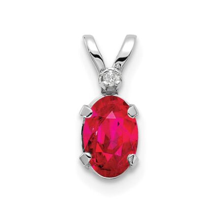 14K White Gold Diamond and 6x4 Oval July/Ruby Birthstone Pendant
