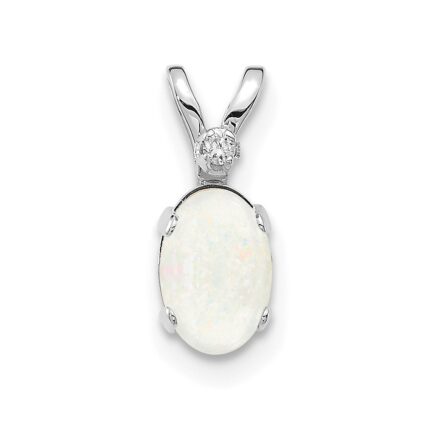 14K White Gold Diamond and 6x4 Oval October/Opal Birthstone Pendant