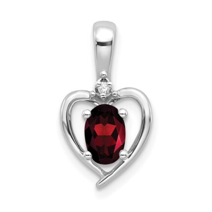 14k White Gold 6x4 Oval January/Garnet and Diamond Heart Pendant